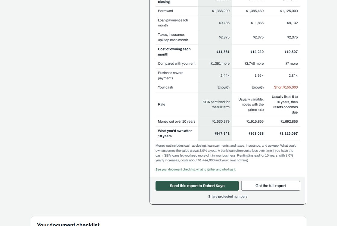 The finished comparison, with a button underneath it that sends the whole report to the broker