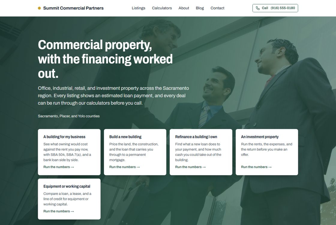 A finished broker website with a hero, listings, and a call to action