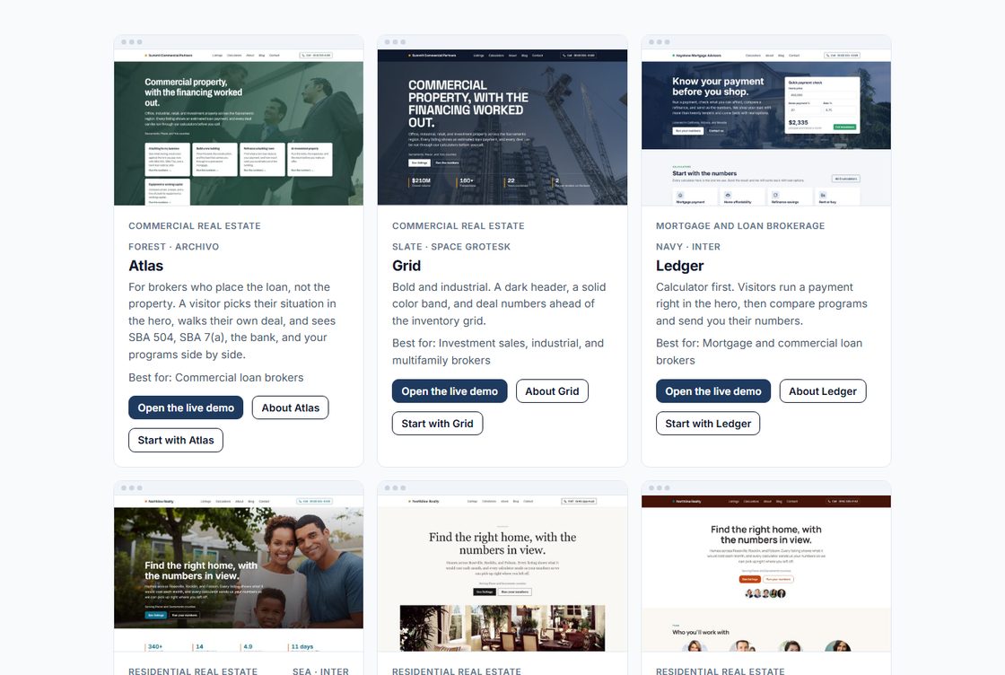 The template gallery, showing six broker website designs side by side with a live demo link on each